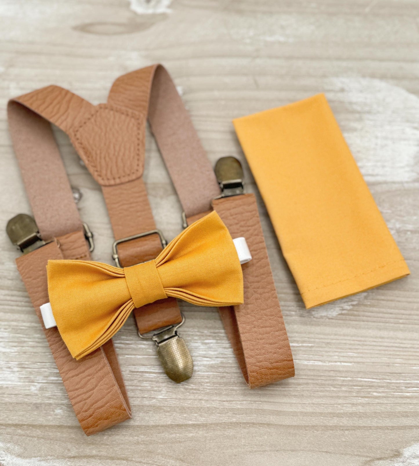 Marigold Bow Tie and Suspenders, Yellow Ring Bearer Outfit, Rustic Wedding, All Sizes Baby to Adult, Leather Braces, Groomsman Gift