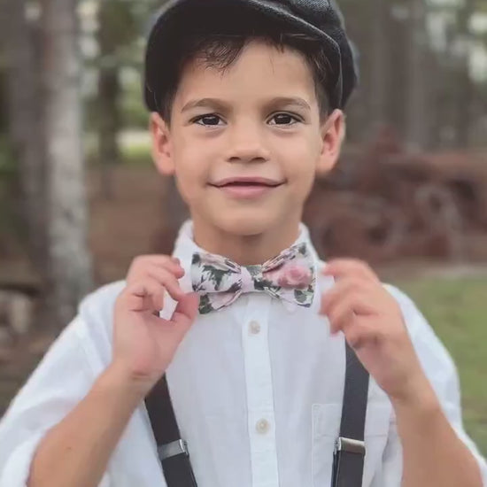 Dark Wisteria Bow tie & Suspenders | Leather Braces | Pocket Square | Ring Bearer Outfit | Boho Rustic Wedding