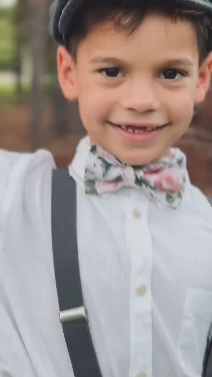 Blush Bow tie & Suspenders,Charcoal Dark Gray Braces, Petal Bow Tie, Pocket Square, Ring Bearer Outfit, Boho Wedding