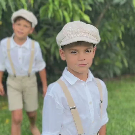 Newsboy Cap, Champagne Suspenders, Dusty Sage Bow Tie, Ring Bearer Outfit, Cake Smash Outfit, Page Boy Cap, Wedding Applejack Hat