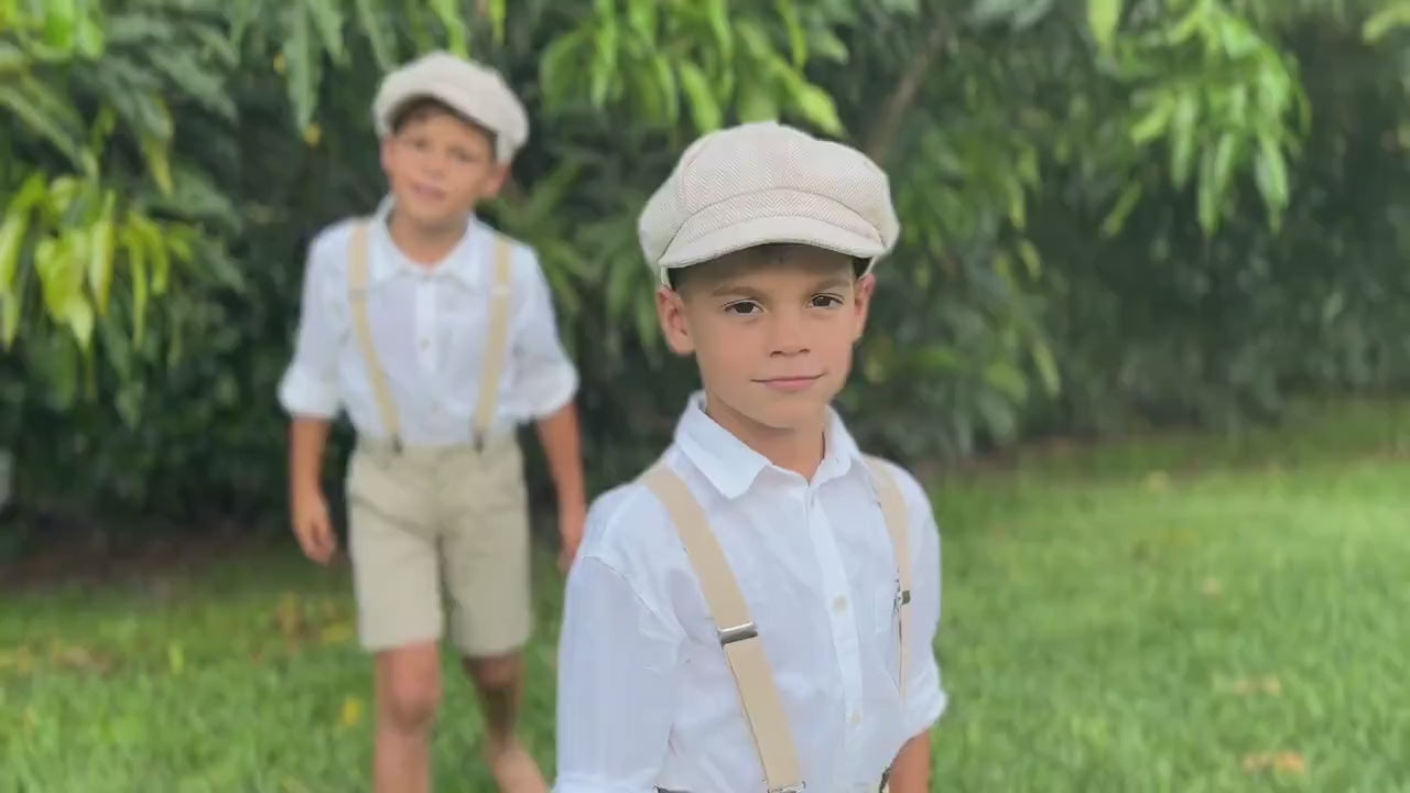 Newsboy Cap, Champagne Suspenders, Dusty Sage Bow Tie, Ring Bearer Outfit, Cake Smash Outfit, Page Boy Cap, Wedding Applejack Hat